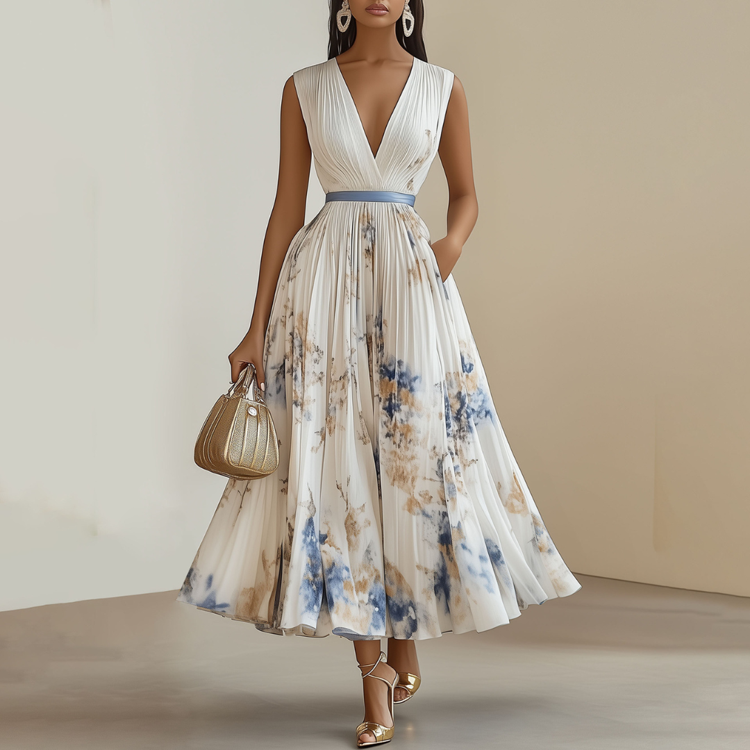 Elegant blue & white floral maxi dress for women, perfect for ceremonies, summer events, or formal occasions.