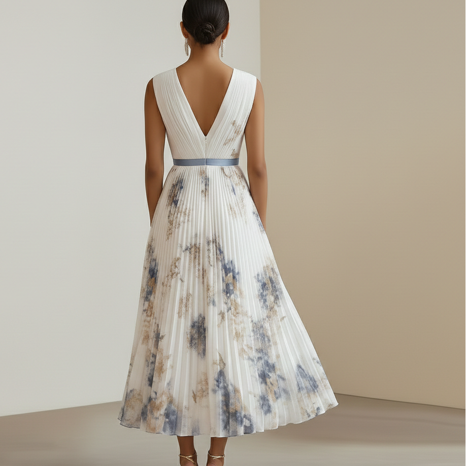 Sleeveless blue & white floral maxi dress. Chic summer dress for women, ideal for weddings & garden parties.