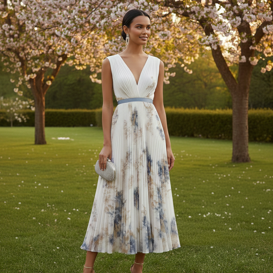 Formal blue & white floral maxi dress for women. Elegant pleated design with V-neck, suitable for special events.