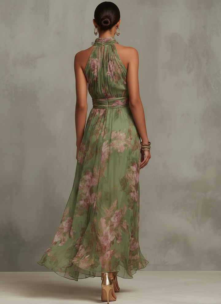 Women's formal boho green maxi dress, flowy and chic, ideal attire for wedding guests & elegant occasions.