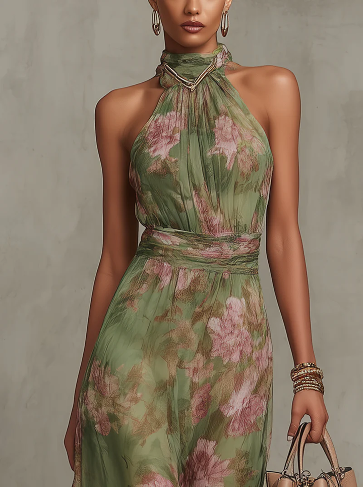 Stylish women's elegant green maxi dress, boho chic, perfect for wedding guests & formal summer events.
