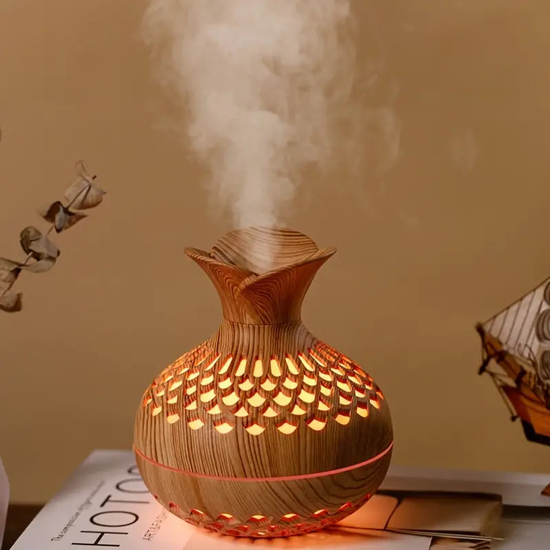 Elegant brown aroma diffuser with mist for home relaxation and aromatherapy.