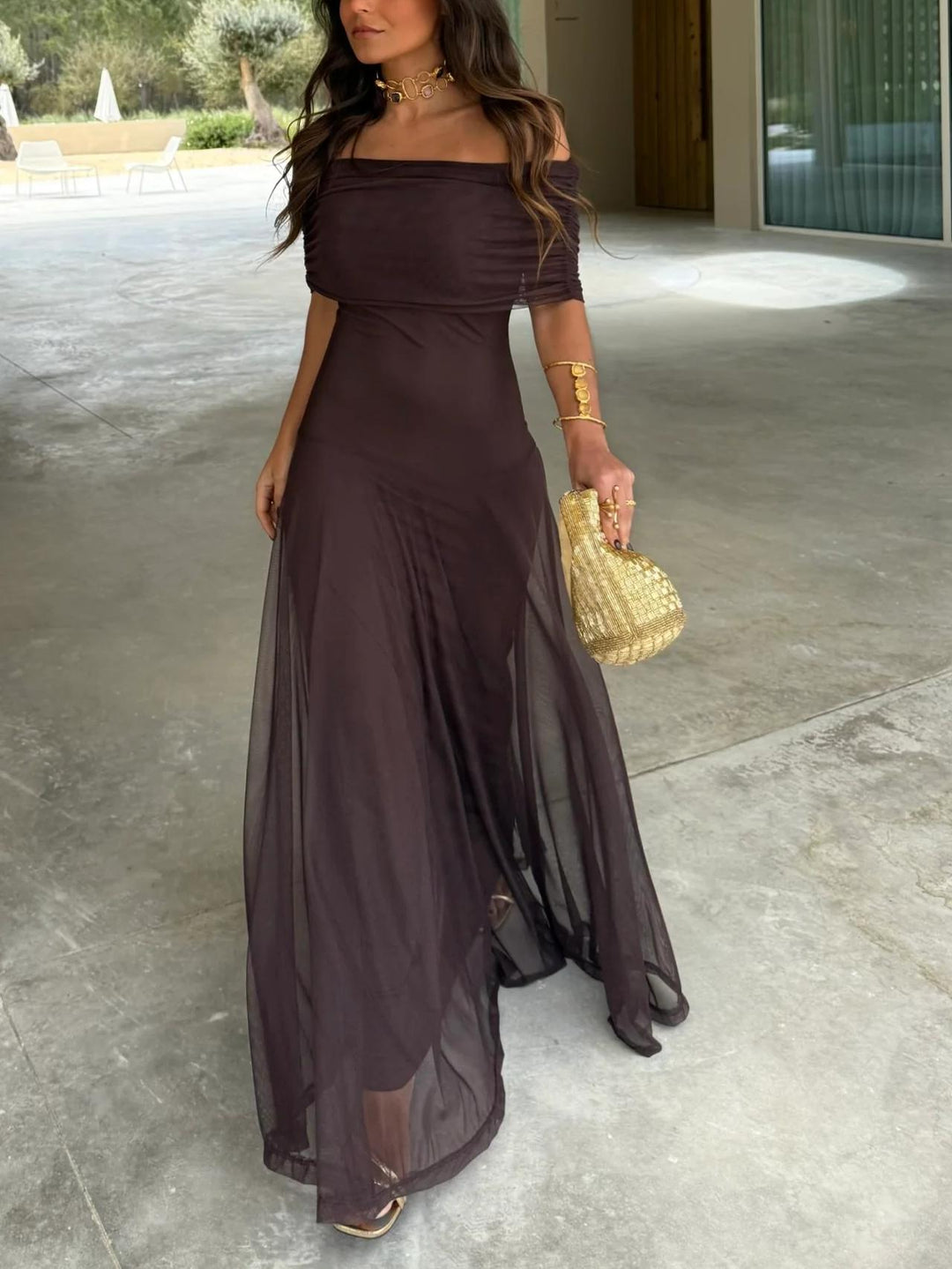 Elegant brown off-shoulder chiffon maxi dress for women, perfect for weddings and evenings.
