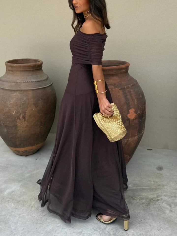 Flowy women's off-shoulder maxi dress in elegant brown chiffon, ideal for summer.