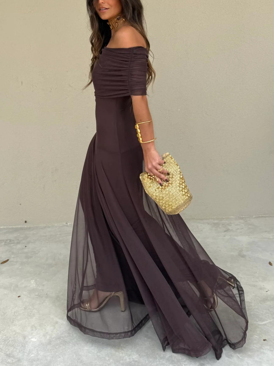 Chic brown off-shoulder evening gown, a sophisticated flowy maxi dress for women.