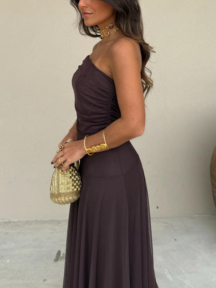 Summer-ready women's off-shoulder chiffon maxi dress in a rich brown hue.