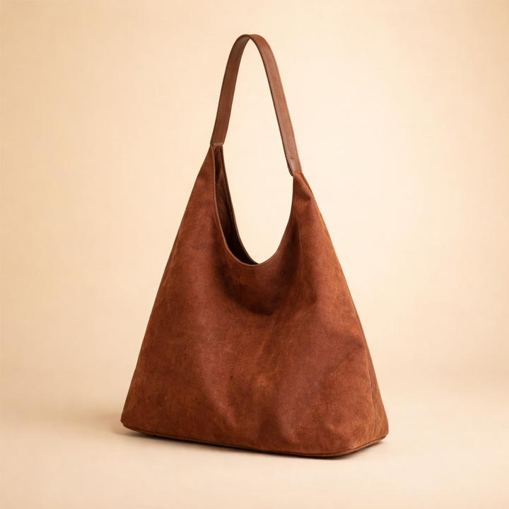 Women's minimalist suede hobo shoulder bag. Chic, versatile everyday handbag for a refined casual style.