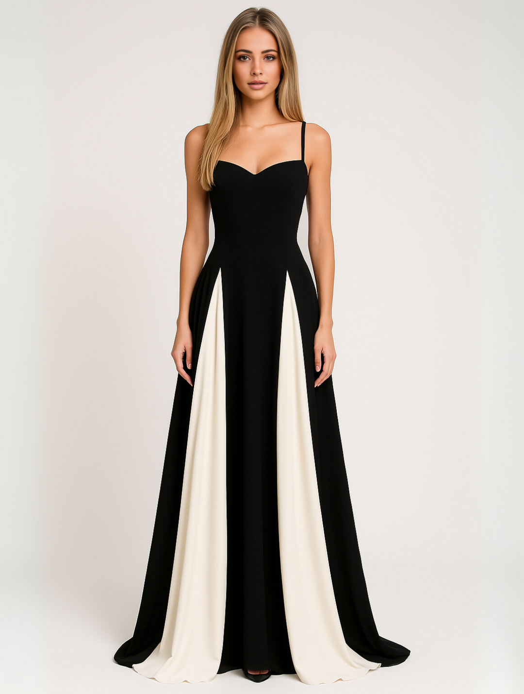 Elegant women's black maxi dress with a sophisticated contrast panel, perfect for formal events & evening wear.