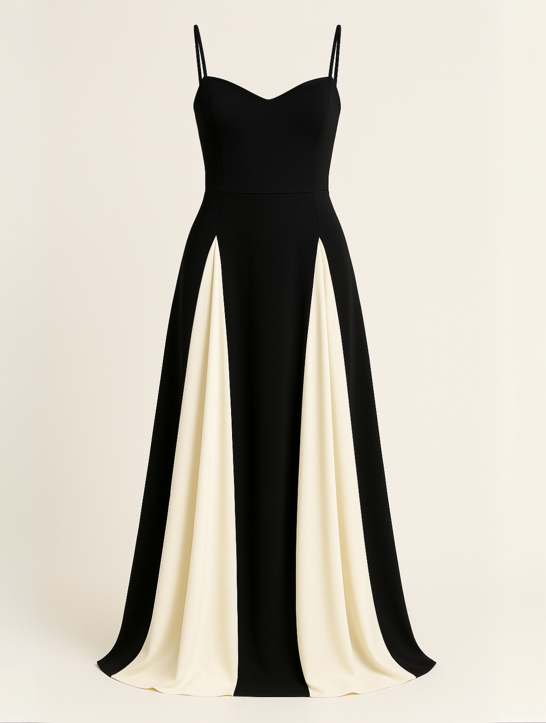Women's elegant black maxi dress with a distinct contrast panel, a stylish long formal dress for special events.