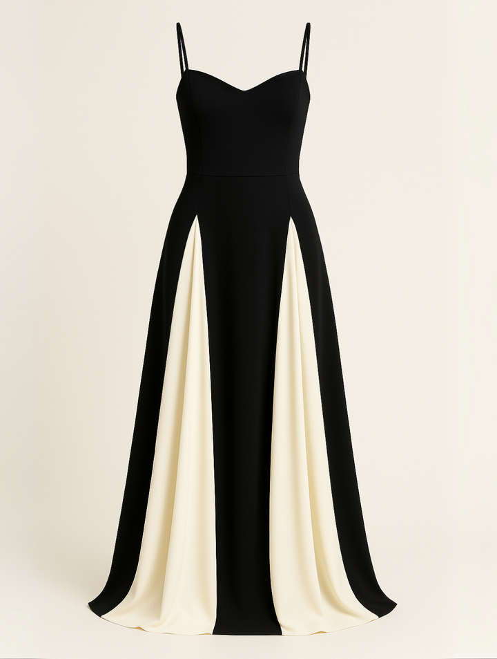 Women's elegant black maxi dress with a distinct contrast panel, a stylish long formal dress for special events.
