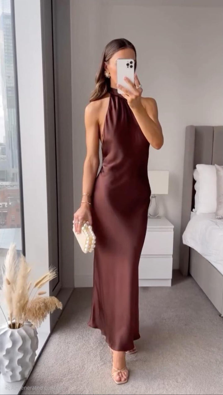 Elegant brown halter midi dress for women, perfect for evening wear, cocktails, and special occasions.