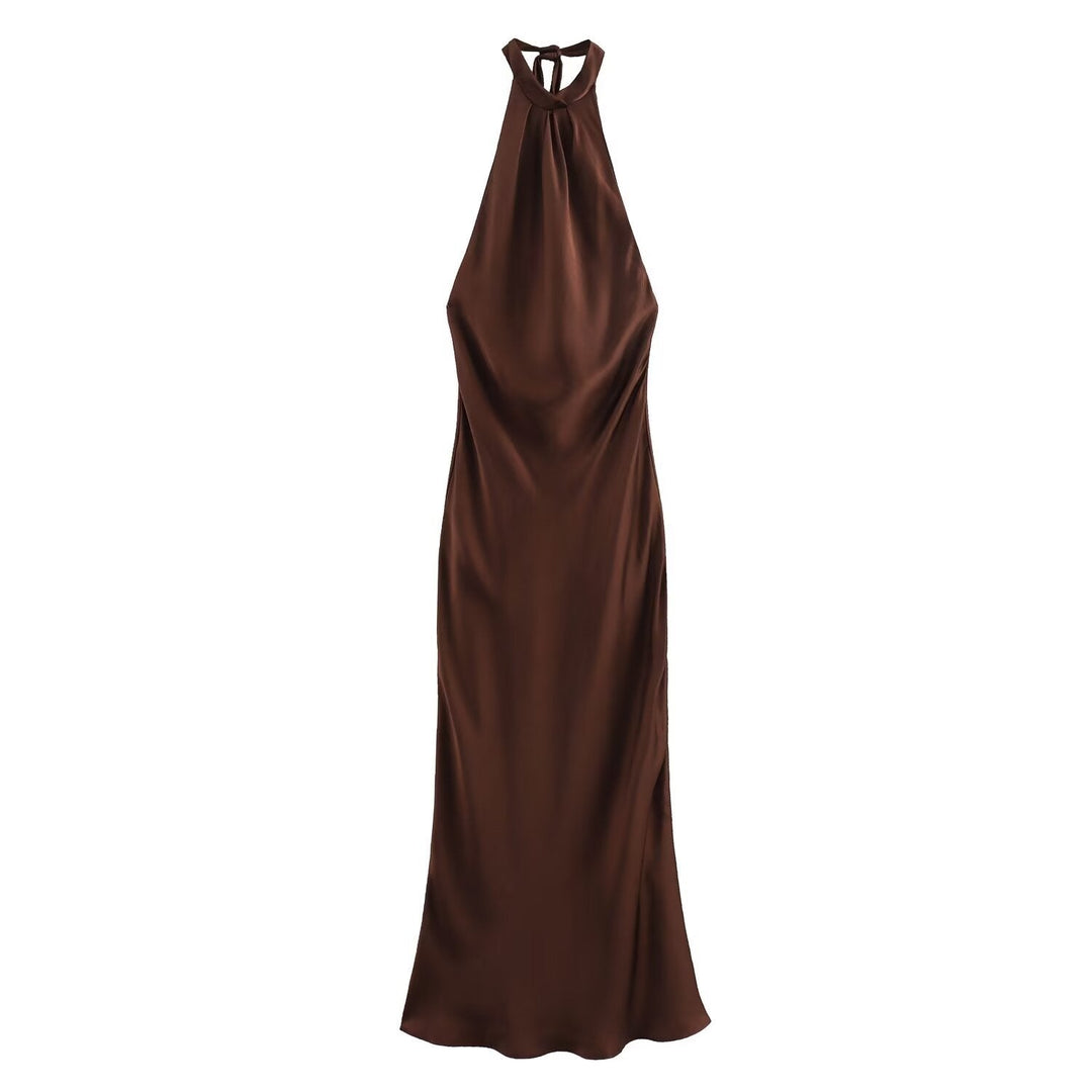 Sophisticated women's halter neck midi dress in brown, ideal for elegant evening parties and cocktail events.