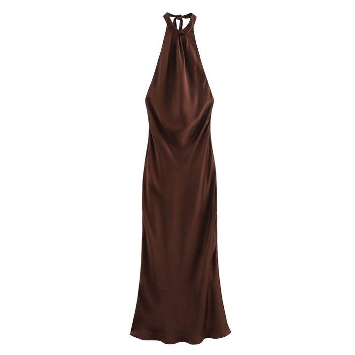 Sophisticated women's halter neck midi dress in brown, ideal for elegant evening parties and cocktail events.