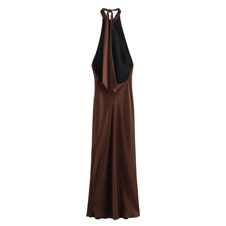 Women's elegant brown halter midi dress with a flowing silhouette, perfect for evening, party, or special occasion.
