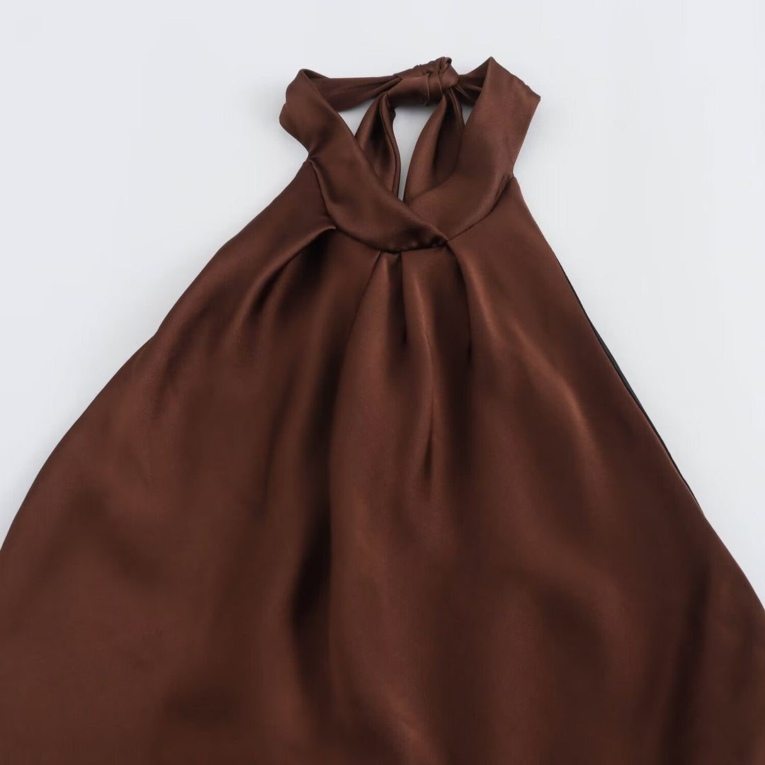 Modern brown halter midi dress for women, an elegant choice for evening wear, cocktail parties, and formal events.