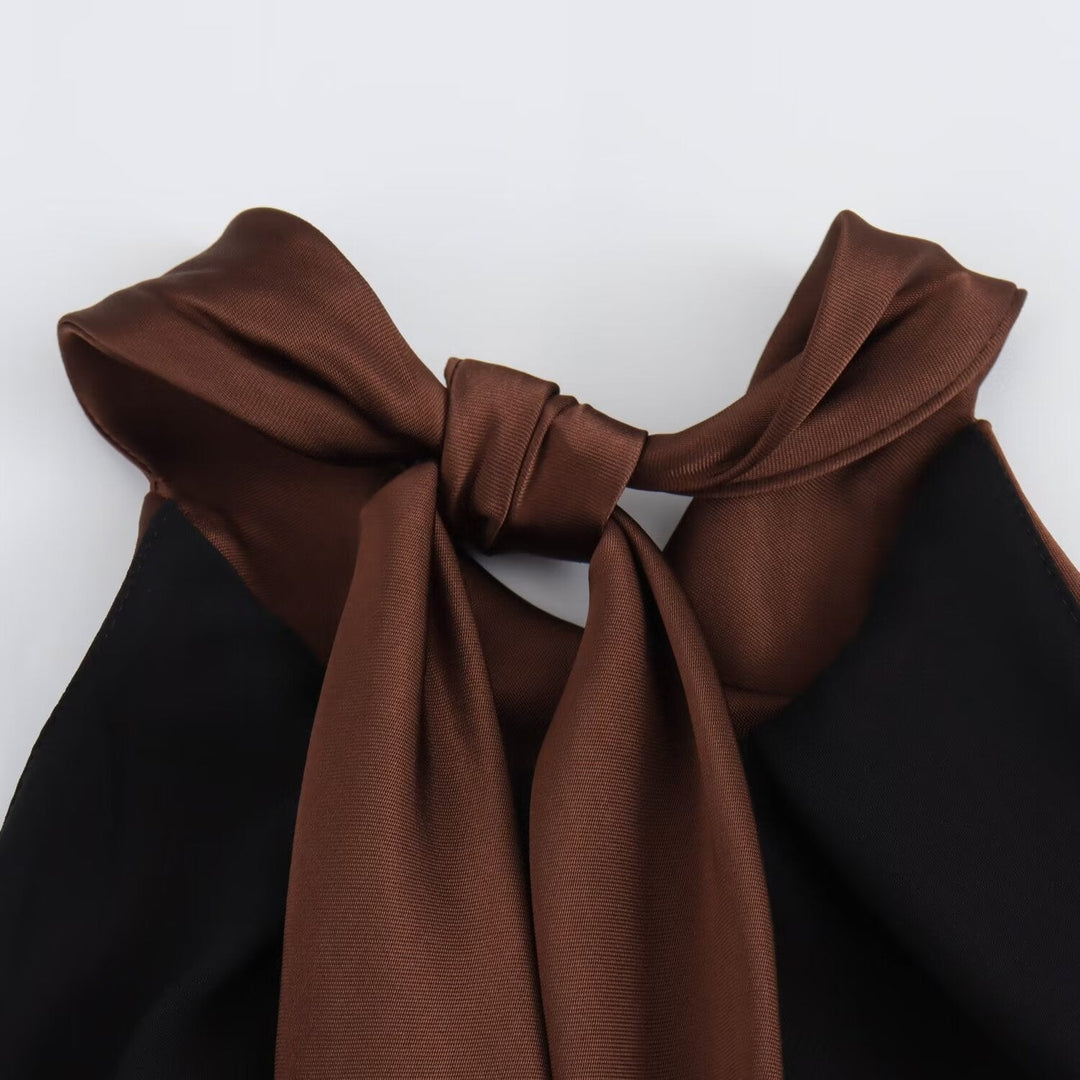 Chic brown halter midi dress for women, designed for sophisticated evening events, parties, and special occasions.