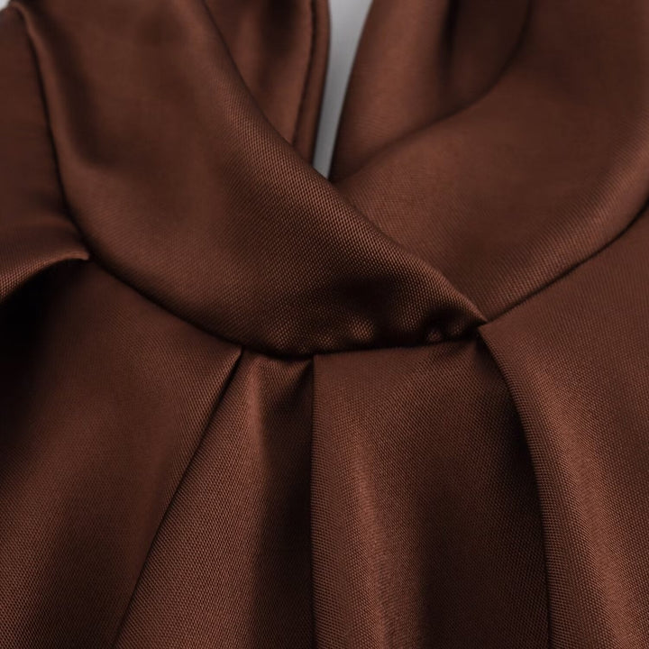Glamorous women's brown halter neck midi dress, an elegant cut for evening galas, parties, and cocktail events.