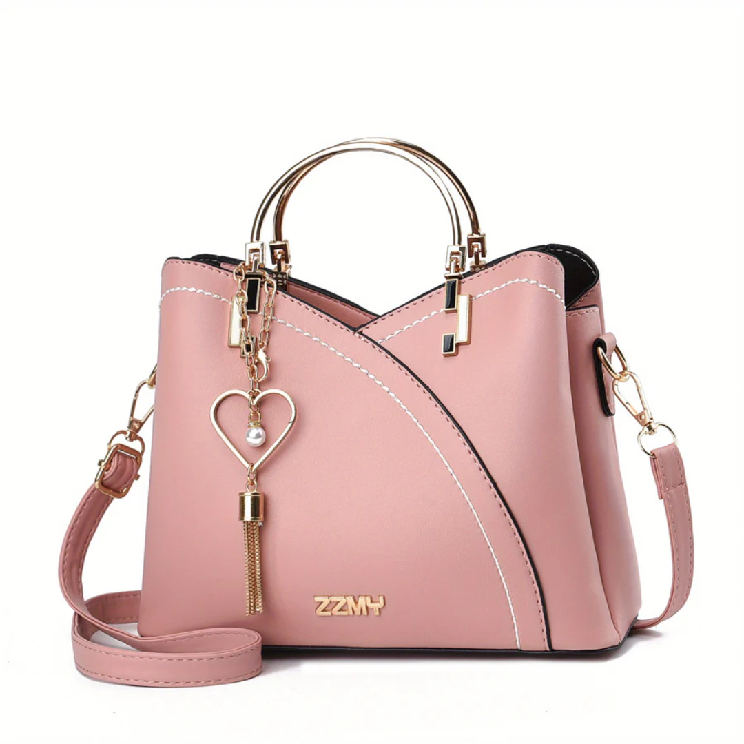 Back detail of elegant faux leather shoulder bag, secure pocket for women.
