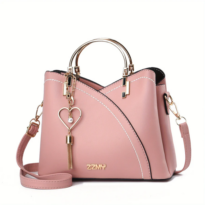 Back detail of elegant faux leather shoulder bag, secure pocket for women.