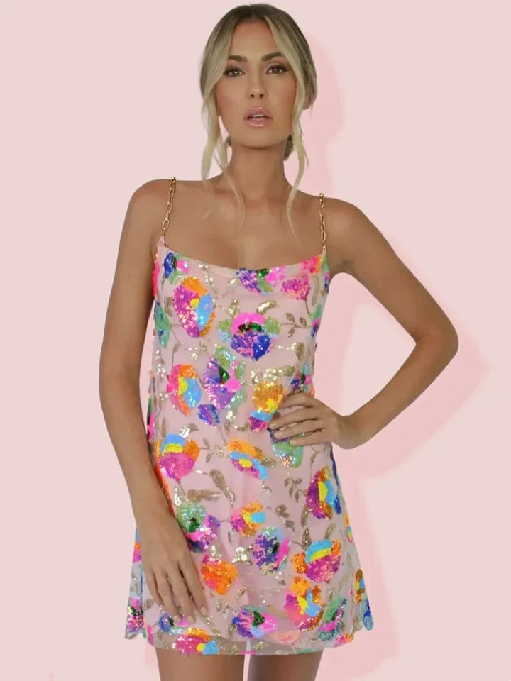 Versatile women's floral summer dress with spaghetti straps, A-line cut, elegant for parties, casual, vacation.