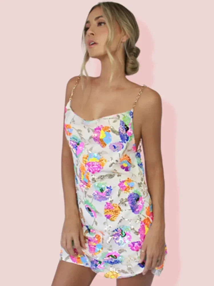 Elegant women's floral spaghetti strap summer dress, vibrant A-line design, perfect for parties, vacation & casual.