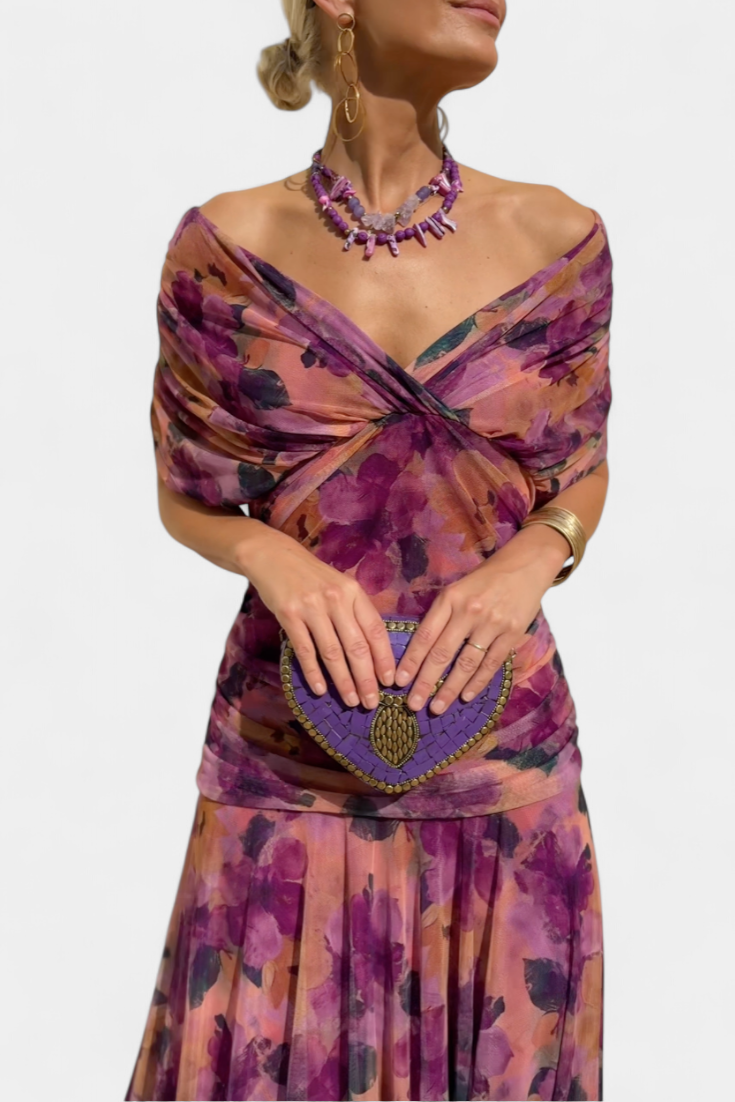 Elegant floral maxi dress for women, off-shoulder design.