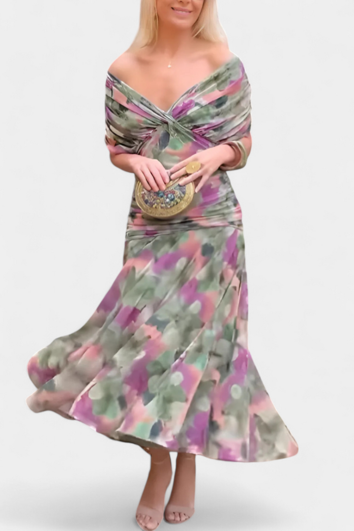 Chic floral maxi dress, off-shoulder cut, women's clothing.