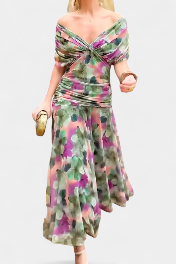 Vibrant floral print maxi dress, flowy off-shoulder style.