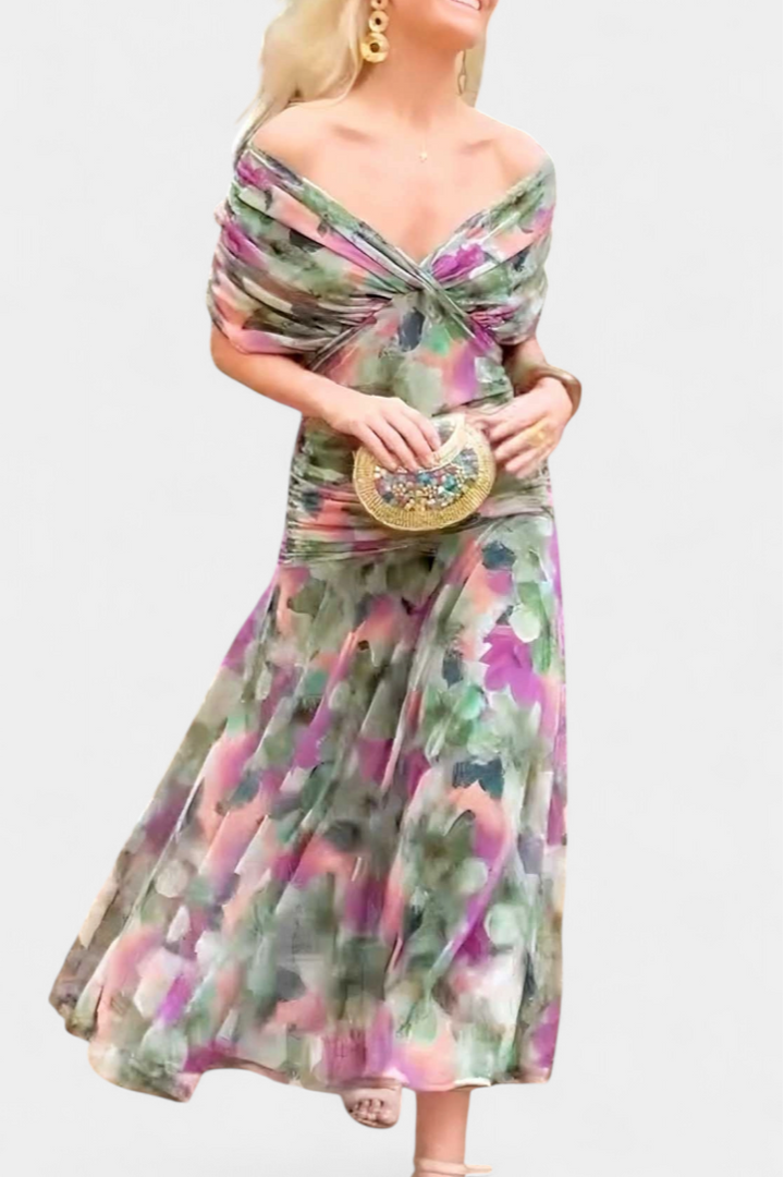 Sophisticated floral maxi dress, women's off-shoulder fashion.