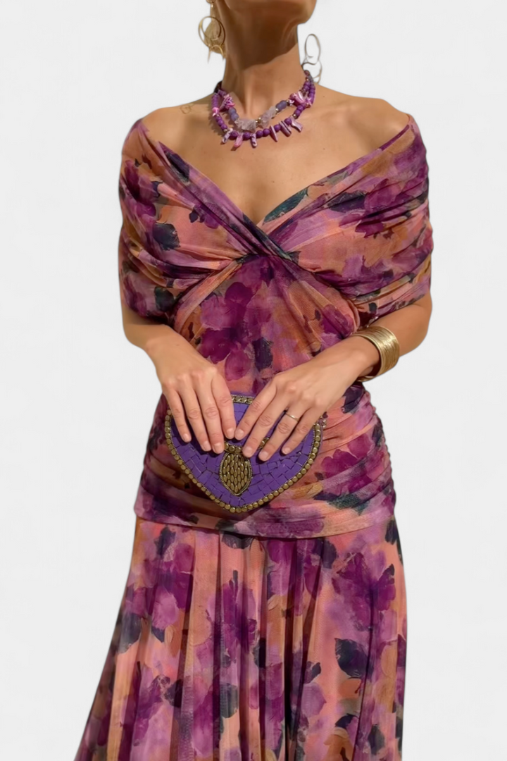 Chic off-shoulder floral maxi dress, women's fashion.