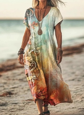 Stylish women's elegant floral printed midi dress, perfect for summer outings.