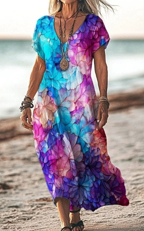 Versatile women's elegant floral long sleeve midi dress for summer casual or party wear.
