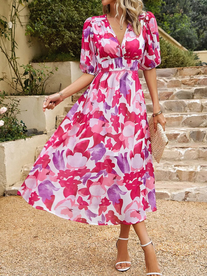 Perfect summer party dress: floral, puff sleeve, midi style