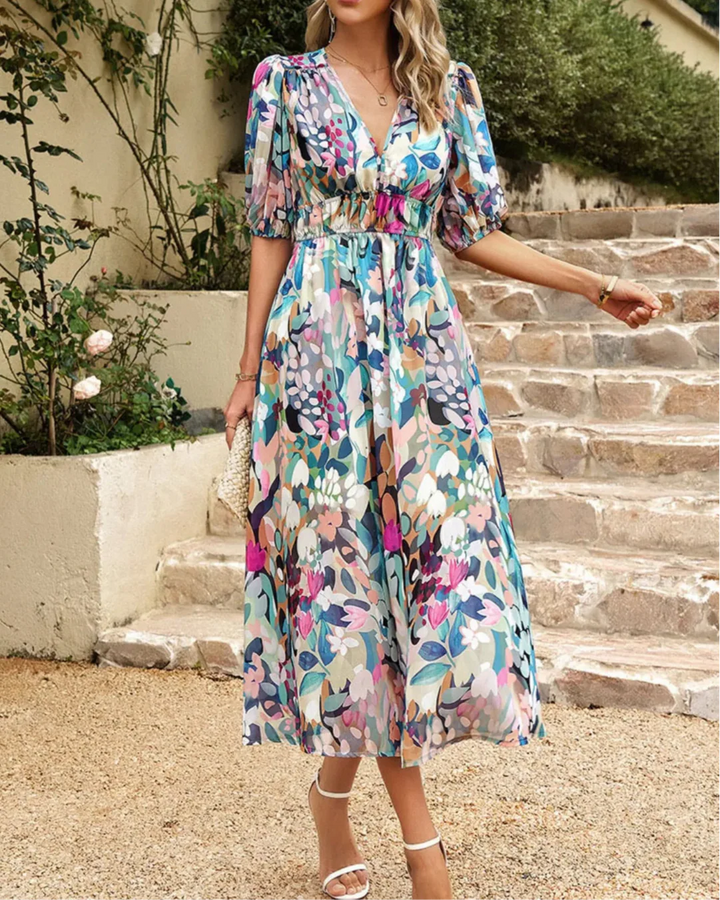 Stylish women's floral puff sleeve midi dress for parties