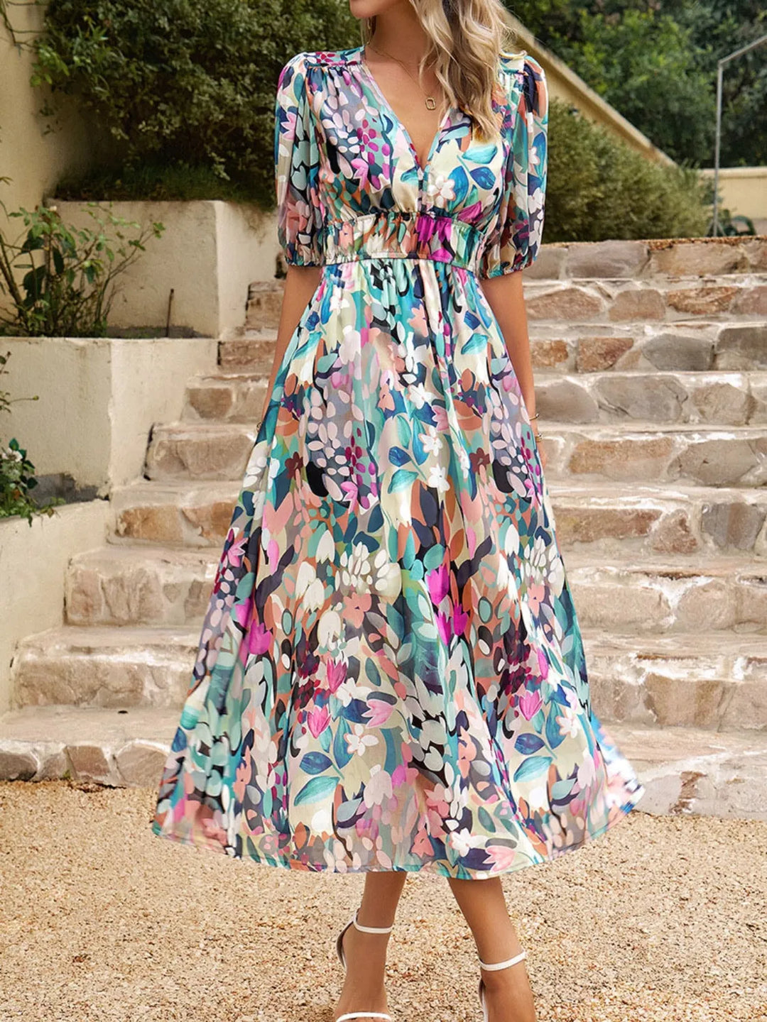 V-neck A-line summer dress with beautiful floral pattern