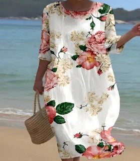 Sophisticated floral day dress, combining comfort and elegant style for special occasions.