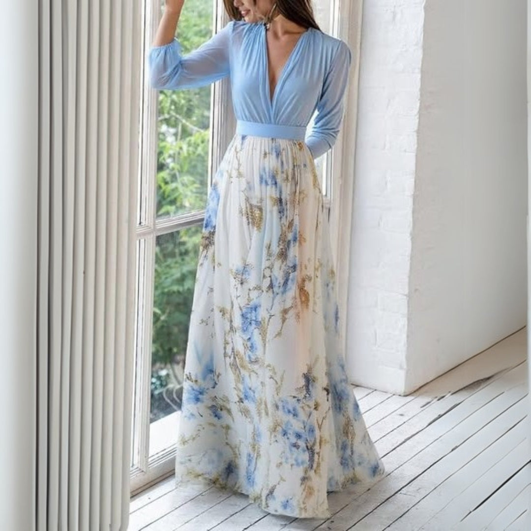 Women's v-neck floral maxi dress in a long, elegant silhouette for summer party wear.
