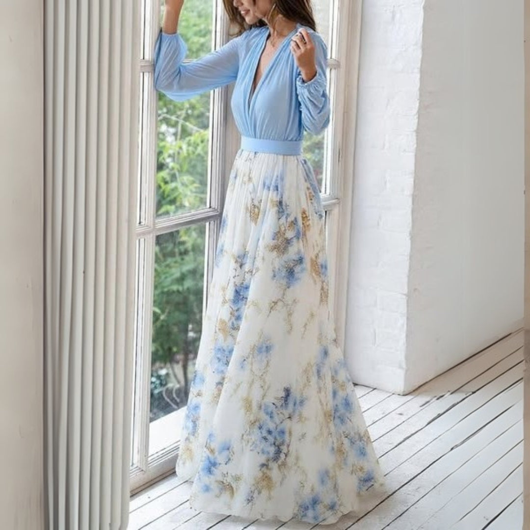 Stylish long floral summer party dress for women, featuring an elegant v-neck design.