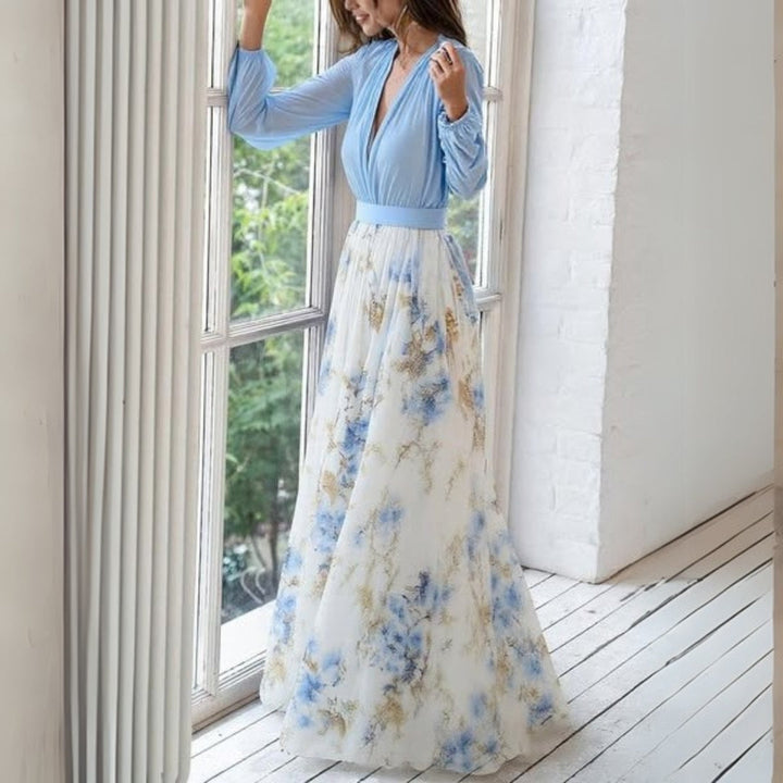 Stylish long floral summer party dress for women, featuring an elegant v-neck design.