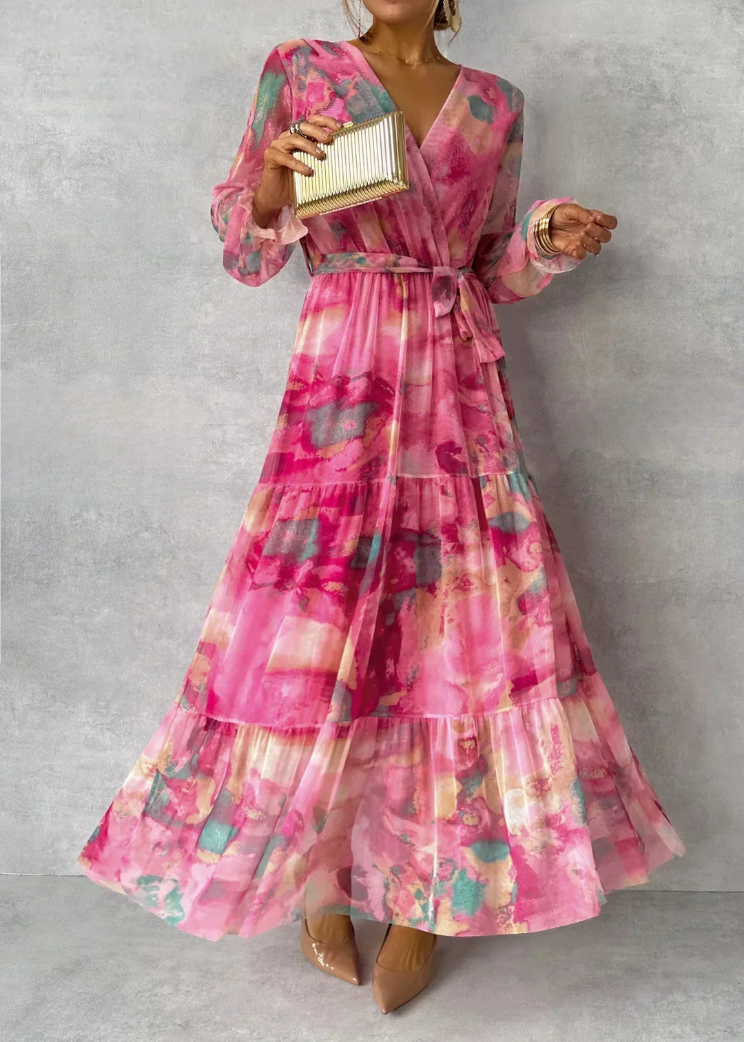 Elegant floral wrap maxi dress for women with long sleeves. Perfect for summer, spring, and special occasions.