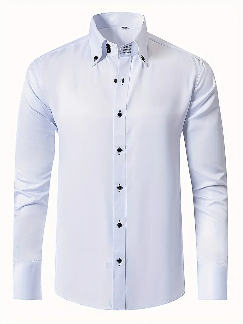 Men's elegant white long-sleeve button-up dress shirt, perfect for professional office attire and formal occasions.