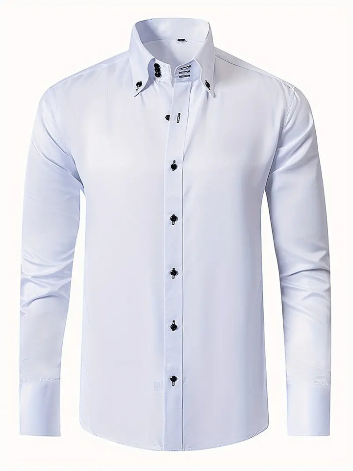 Men's elegant white long-sleeve button-up dress shirt, perfect for professional office attire and formal occasions.