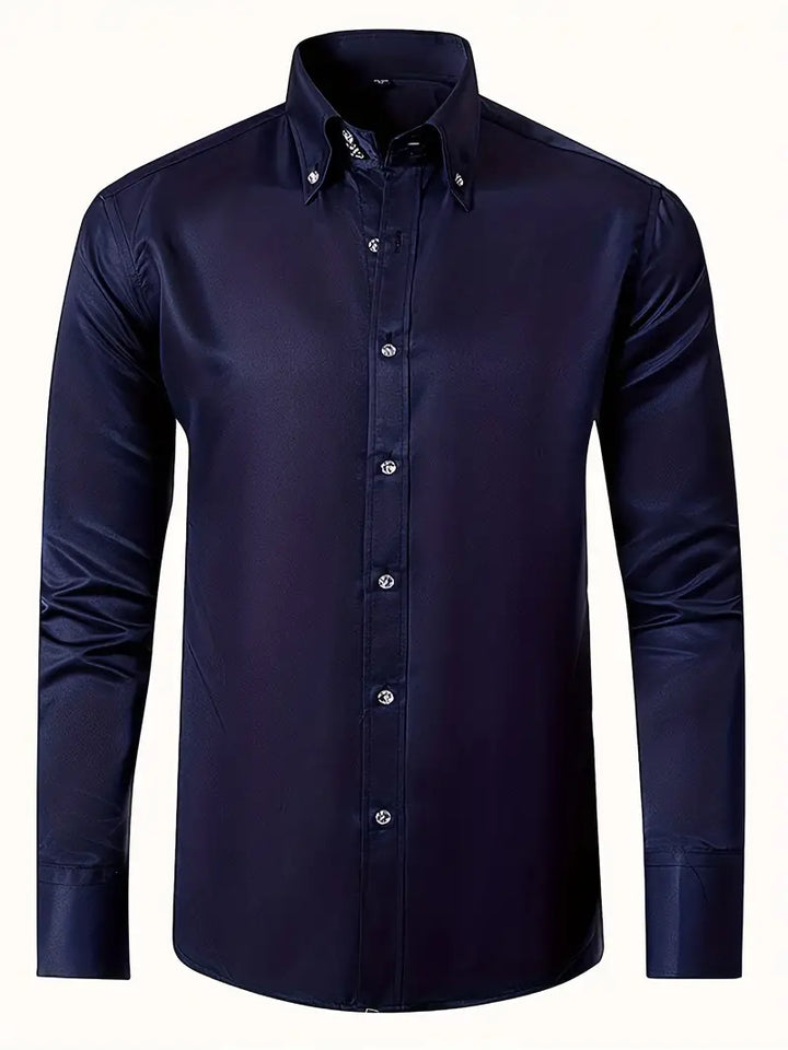 Professional men's long-sleeve button-up shirt, ideal office attire for a sharp, elegant business look.