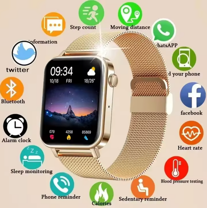 Elegant gold women's smartwatch with health tracking features.