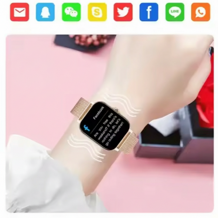 Black women's smartwatch displaying fitness tracker data on screen.