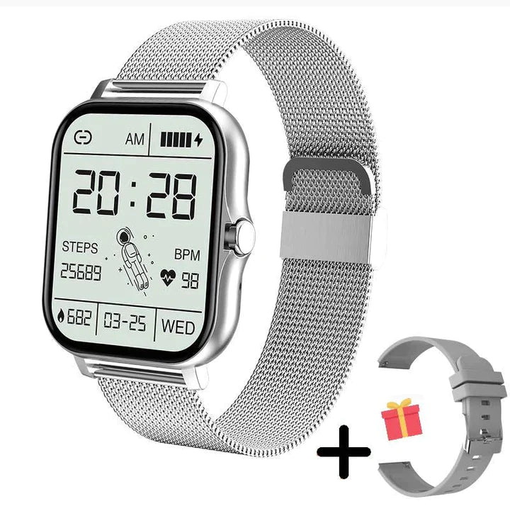Lifestyle image of a woman wearing a gold smartwatch, staying connected.