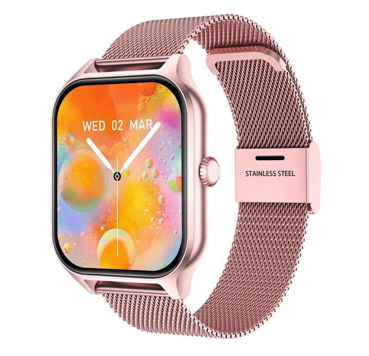 Gold women's smart watch showing heart rate monitoring on display.