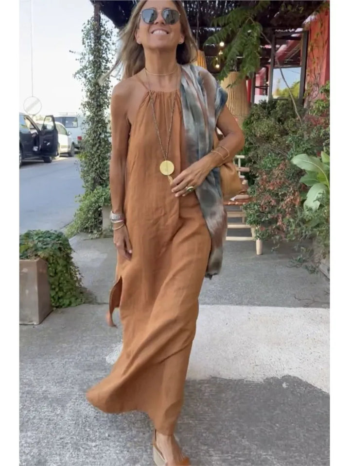 Khaki elegant halter maxi dress, a stylish summer essential for women's beach or party wear.