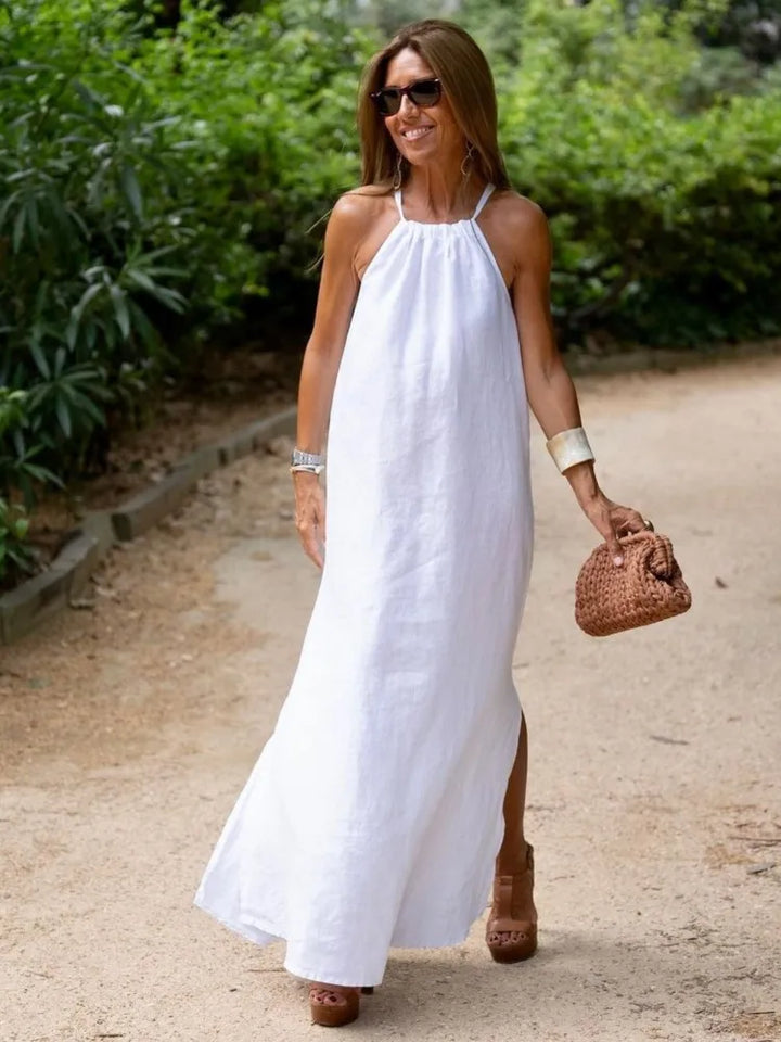Sophisticated elegant halter maxi dress for women, a comfortable and stylish summer party outfit.