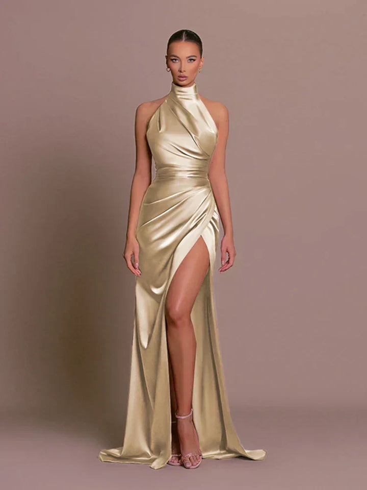 Blue sophisticated high-slit evening dress, a long formal gown for women's special occasions.